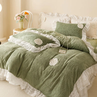 Elegant Green Carved Velvet Lace Trim Cozy Bedding Set